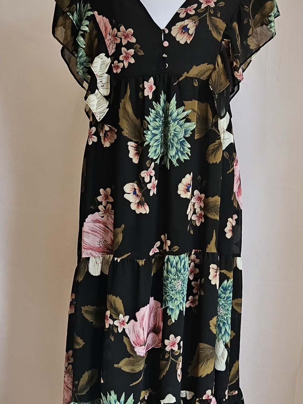 ZARA Black Tropical Floral Ruffle Tiered Maxi Dress Sz XS/S Boho Romantic - Picture 2 of 16